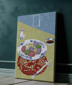 Colorful dumplings and tea set on decorative mat