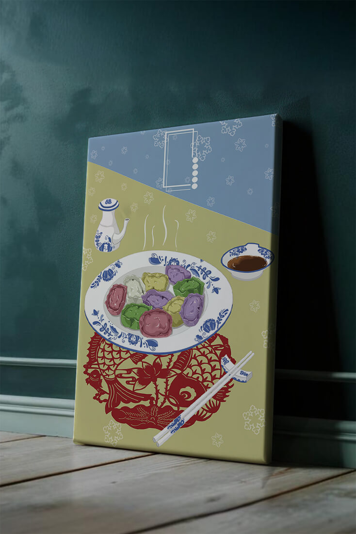 Colorful dumplings and tea set on decorative mat