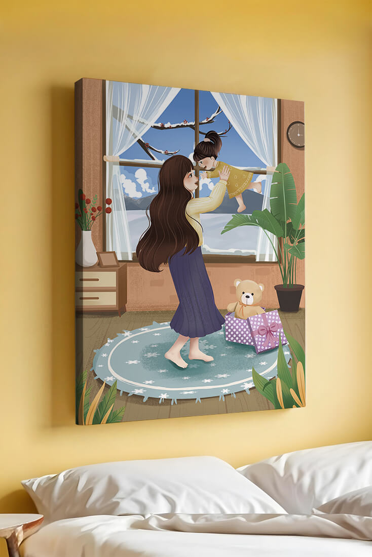 Mother and child bonding in a vibrant living room