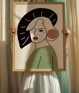 Minimalist Abstract Portrait Featuring Woman with Black Hat and Green Outfit - Mi tienda