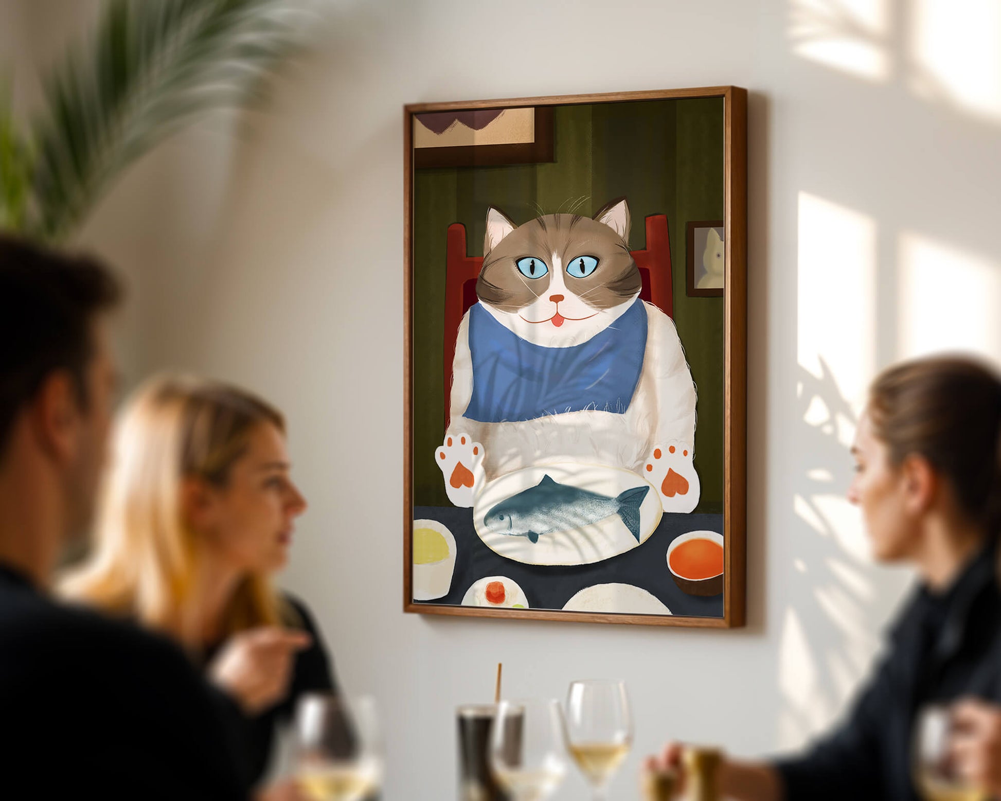 Ilustración de un gato comiendo con pescado y babero azul