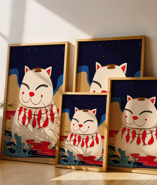 Japanese Lucky Cat with Fish Design in a Surreal Landscape