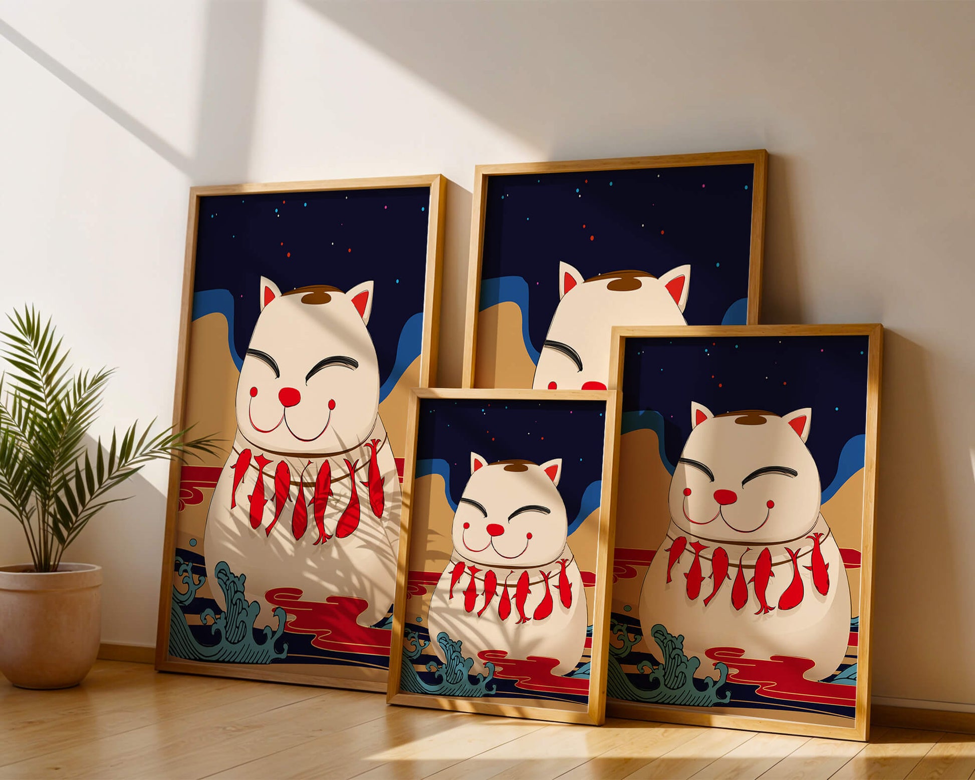 Japanese Lucky Cat with Fish Design in a Surreal Landscape