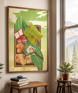 Traditional dumplings wrapped in leaves with ingredients on a vibrant background