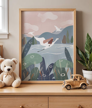 Whimsical landscape with flying birds and pink sky