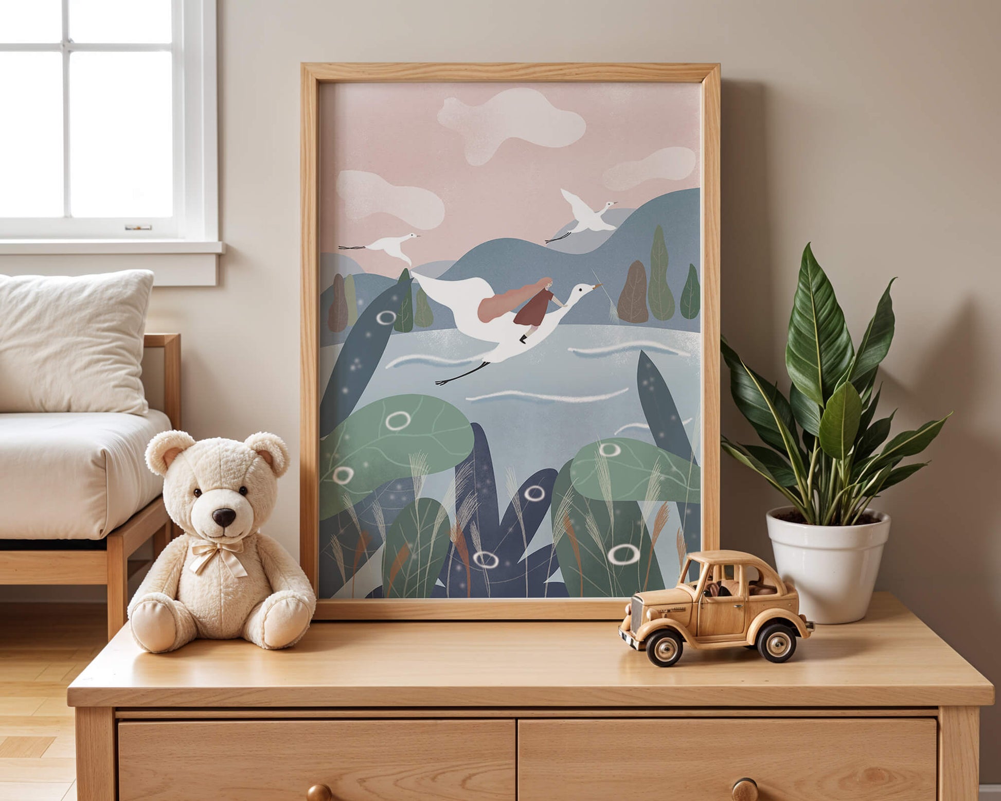 Whimsical landscape with flying birds and pink sky