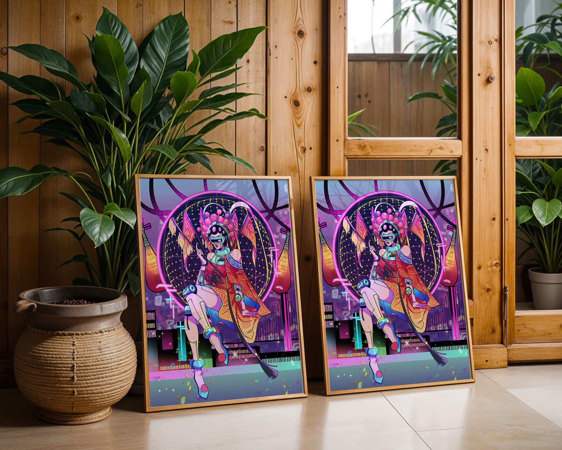 Futuristic geisha with neon lights and traditional elements