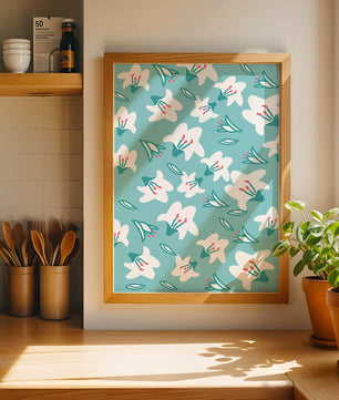 Motif floral avec des lys blancs sur un fond turquoise