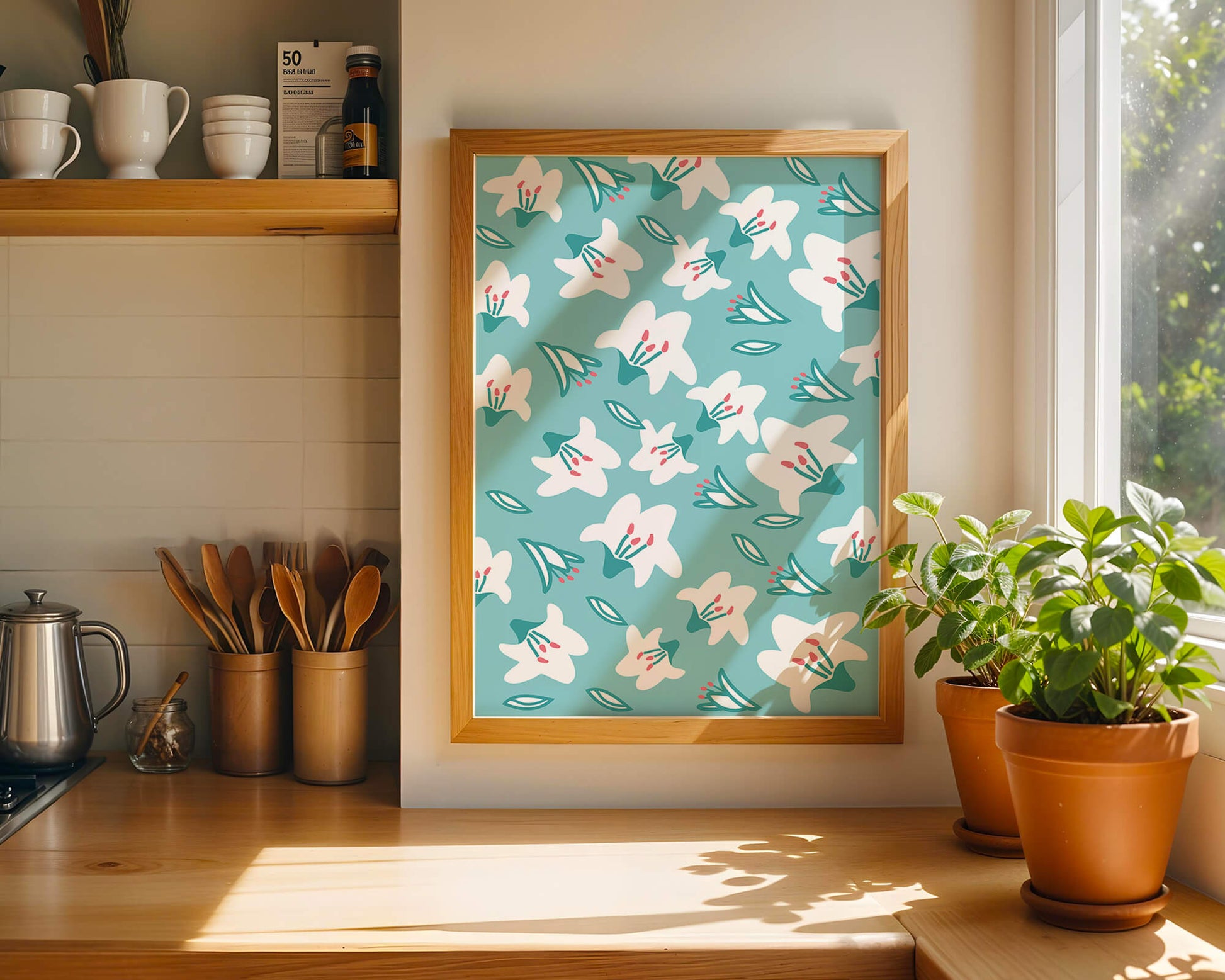 Floral pattern with white lilies on a turquoise background