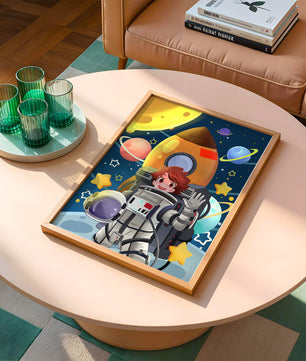 Young Astronaut with Rocket and Planets in Space Adventure