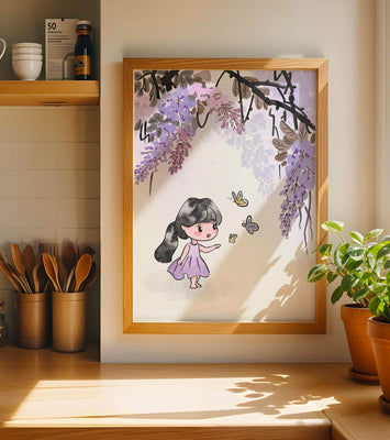 Charming illustration of a little girl with butterflies and wisteria flowers