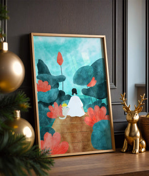 Serene scene with a person and cat among large leaves and flowers
