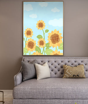 Sunflowers Under Blue Sky with Floating Clouds