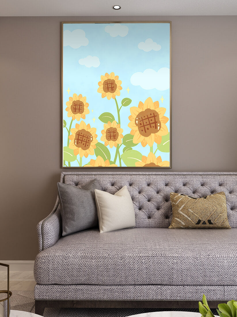 Sunflowers Under Blue Sky with Floating Clouds
