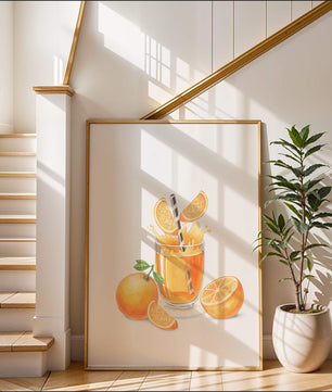 Illustration of a refreshing orange juice with fresh oranges and splash