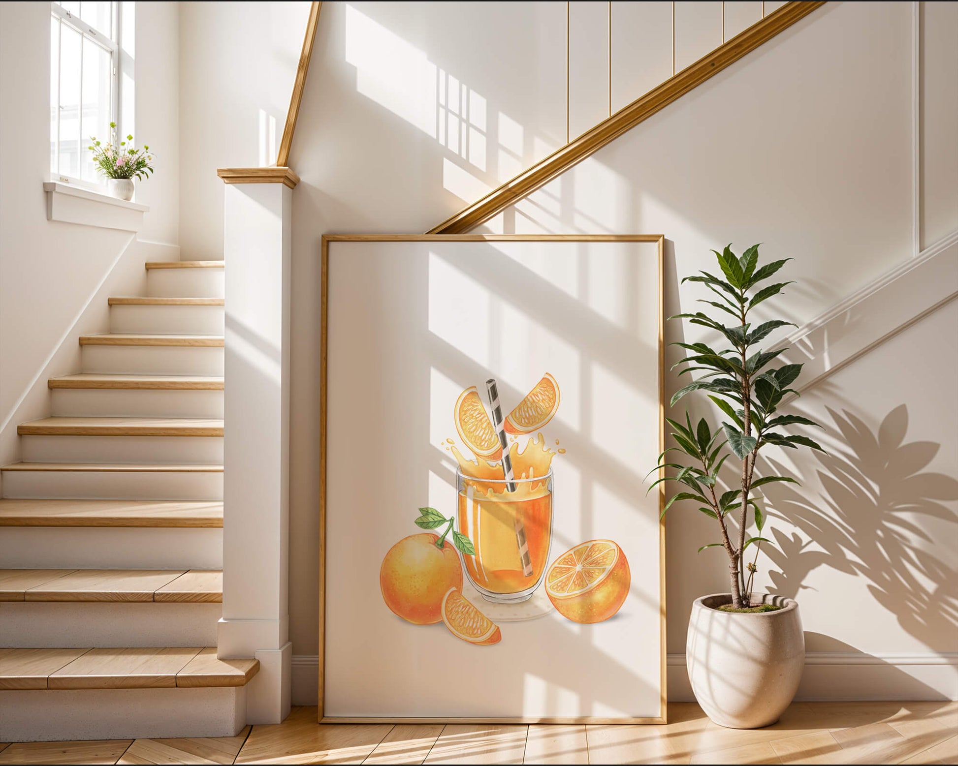 Illustration of a refreshing orange juice with fresh oranges and splash