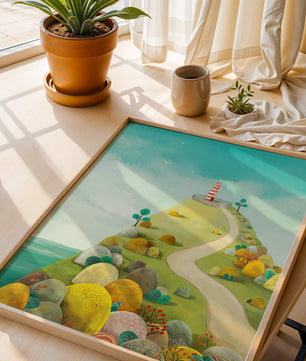 Charming lighthouse illustration on a scenic hilltop