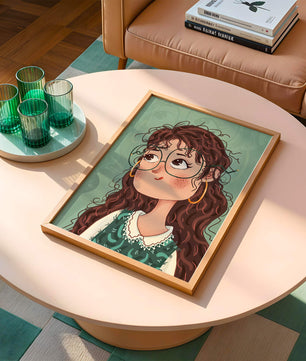 Illustration of a Thoughtful Girl with Glasses and Curly Hair