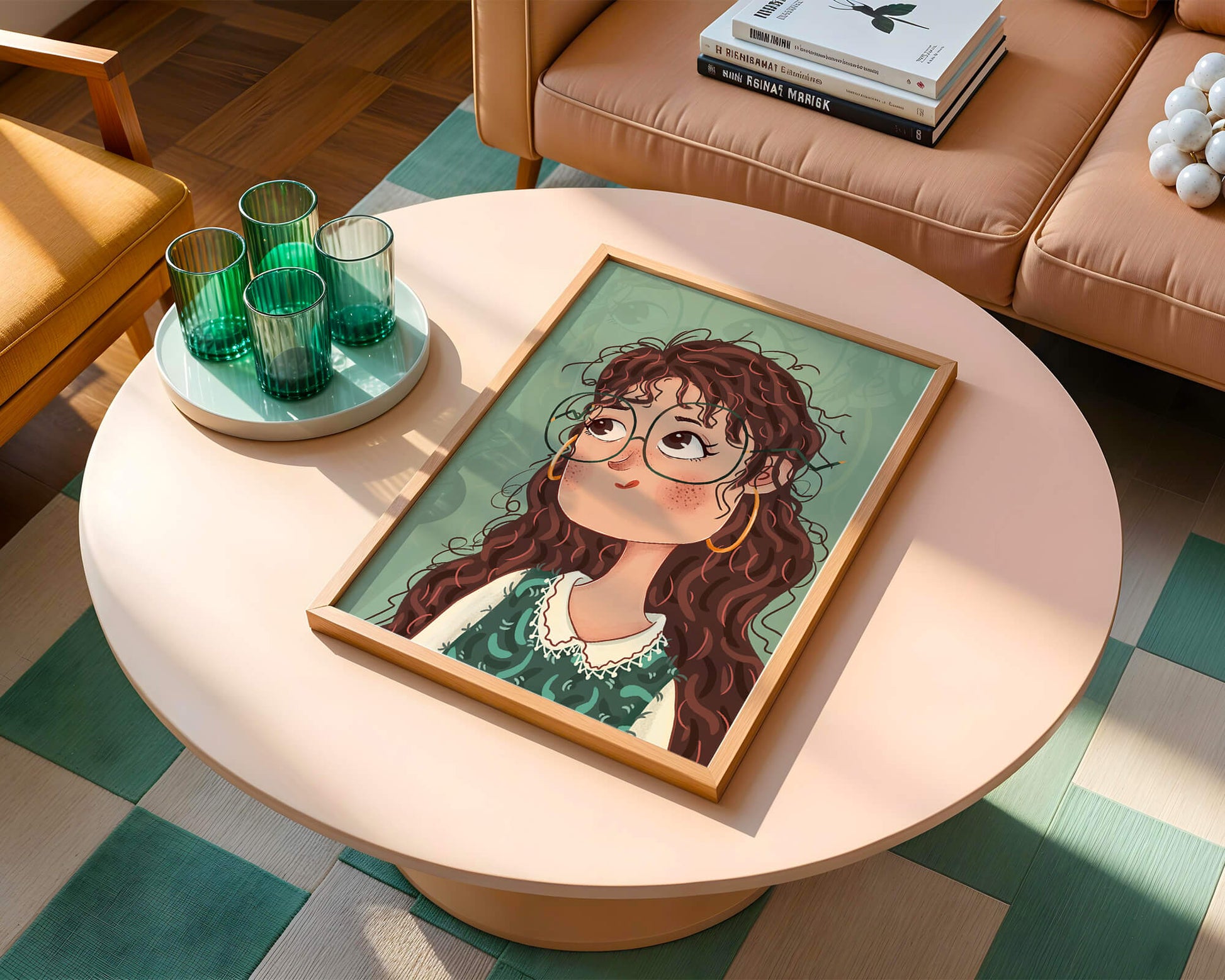 Ilustración de una chica pensativa con gafas y pelo rizado