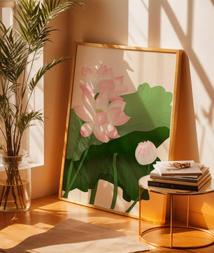 Delicate pink lotus flowers with verdant green leaves