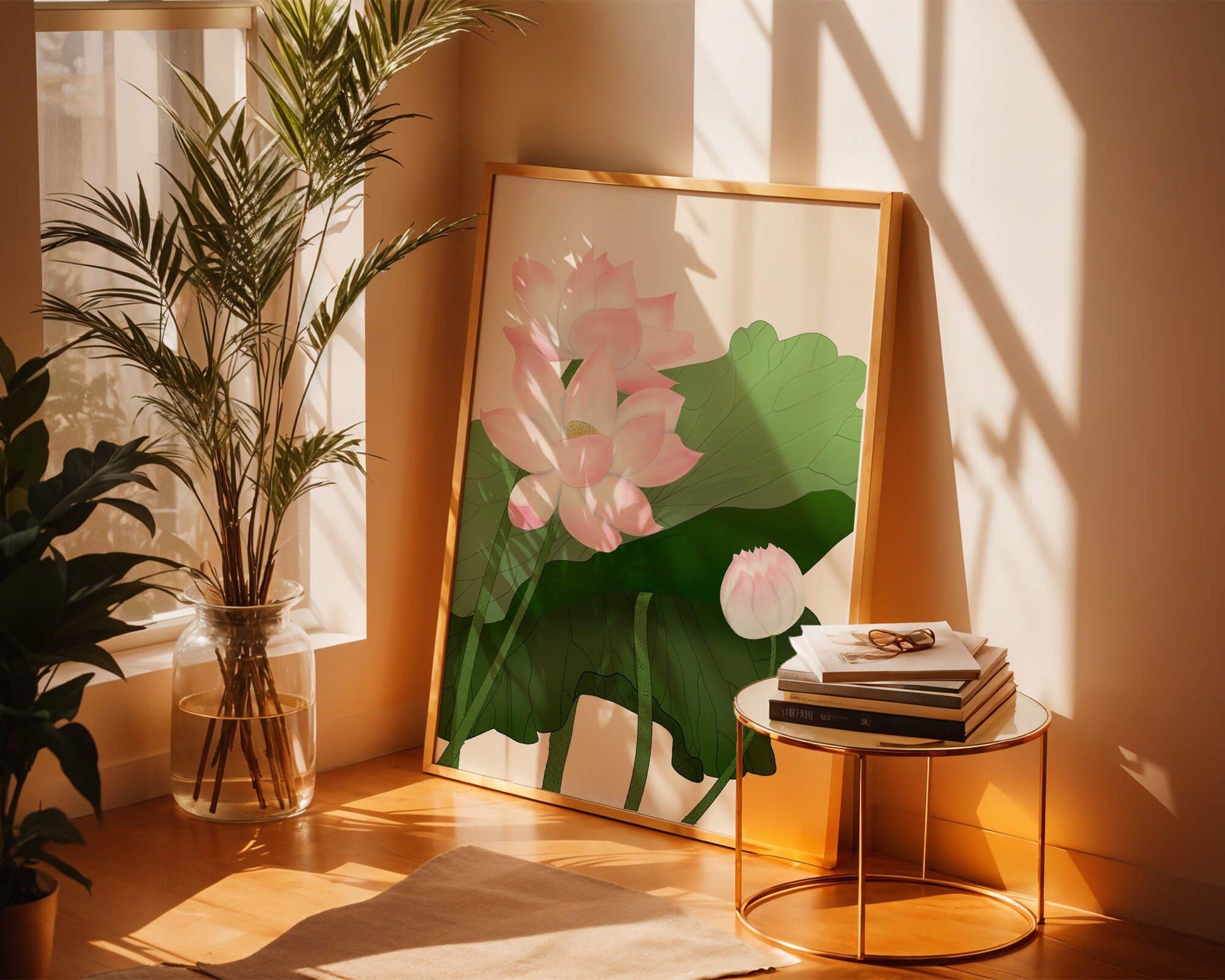 Delicate pink lotus flowers with verdant green leaves