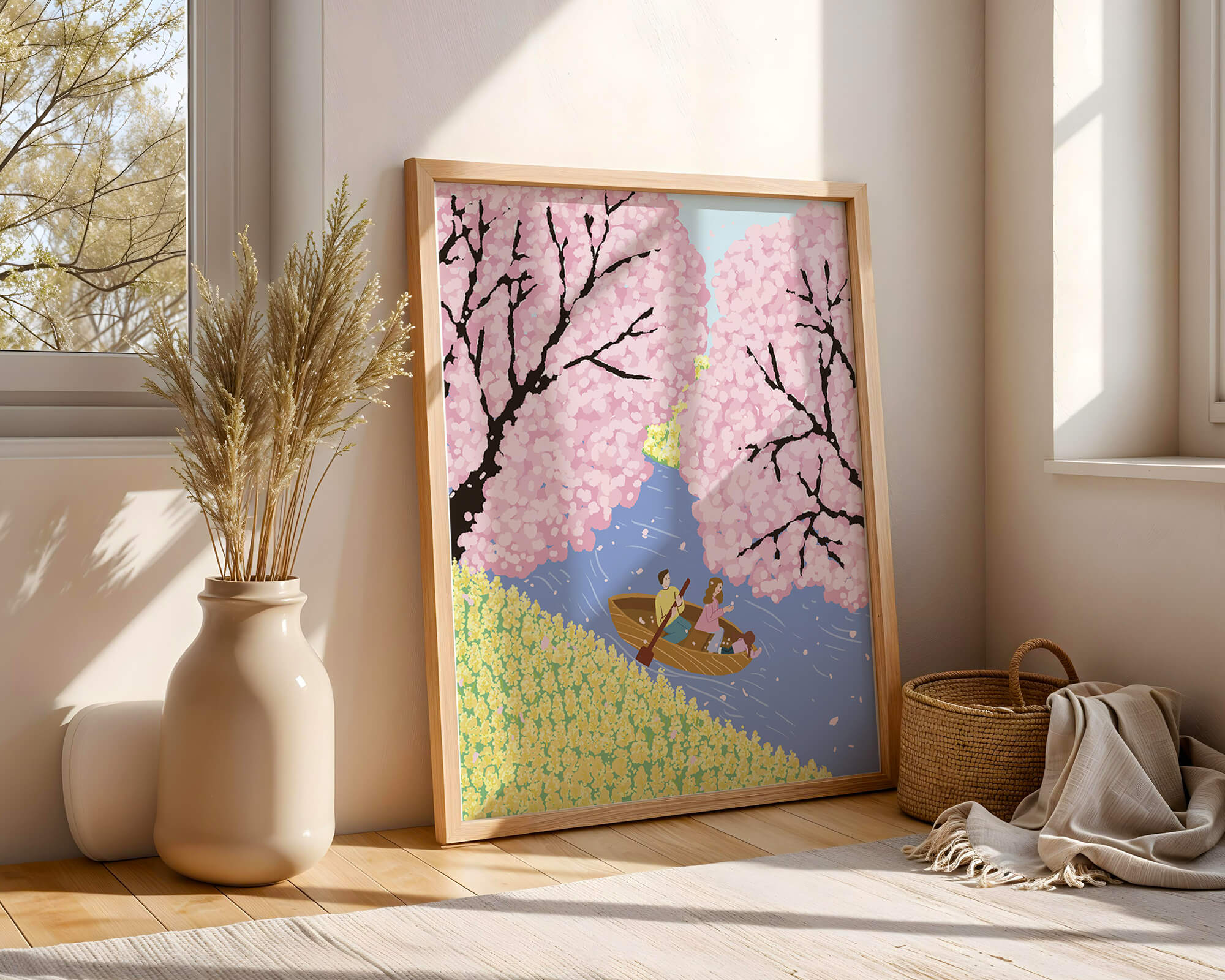 Family Rowing on Serene River with Cherry Blossoms
