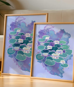 Serene aquatic scene with water lilies on abstract colorful background