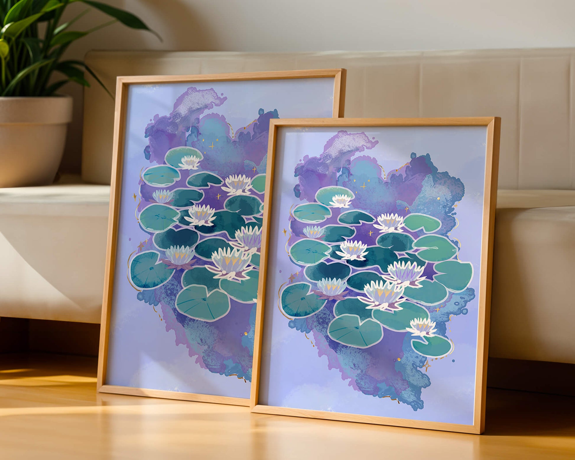 Serene aquatic scene with water lilies on abstract colorful background