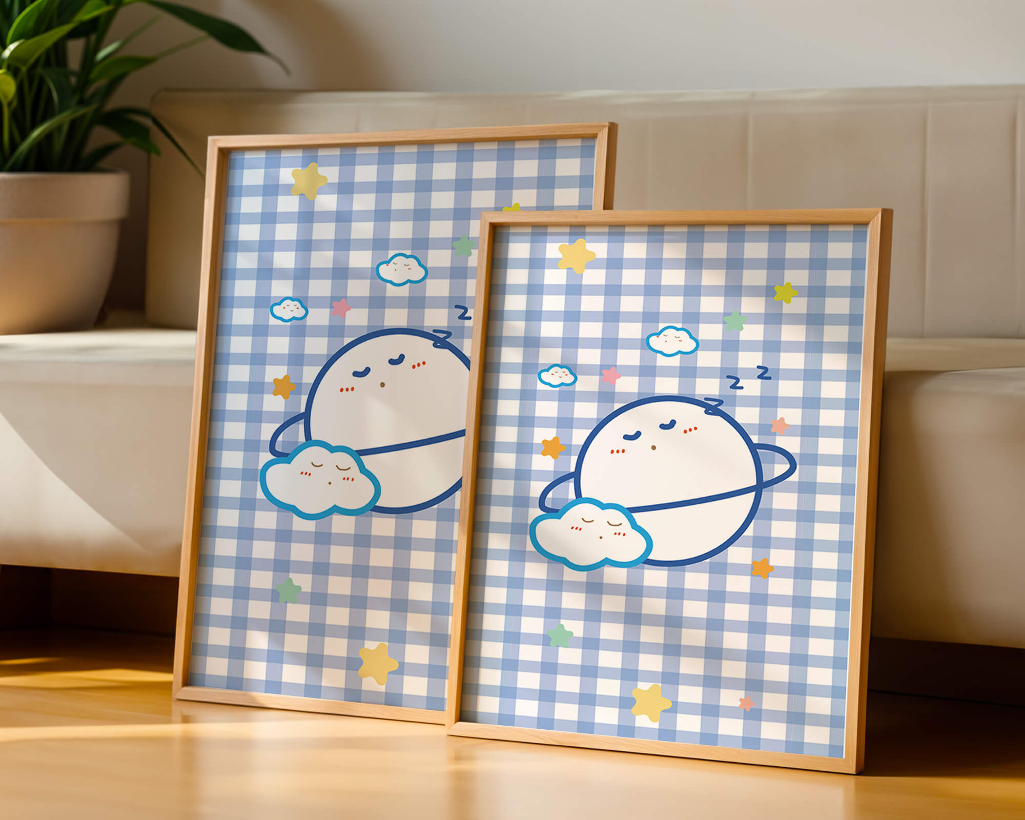 Whimsical sleep theme with planets and clouds on a checkered background