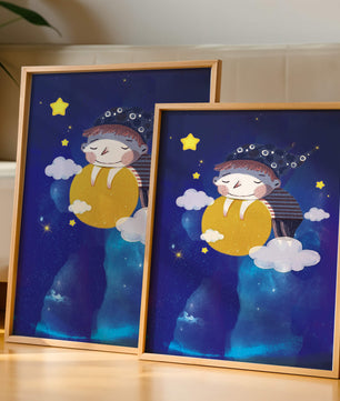 Scène nocturne onirique avec un enfant étreignant la lune