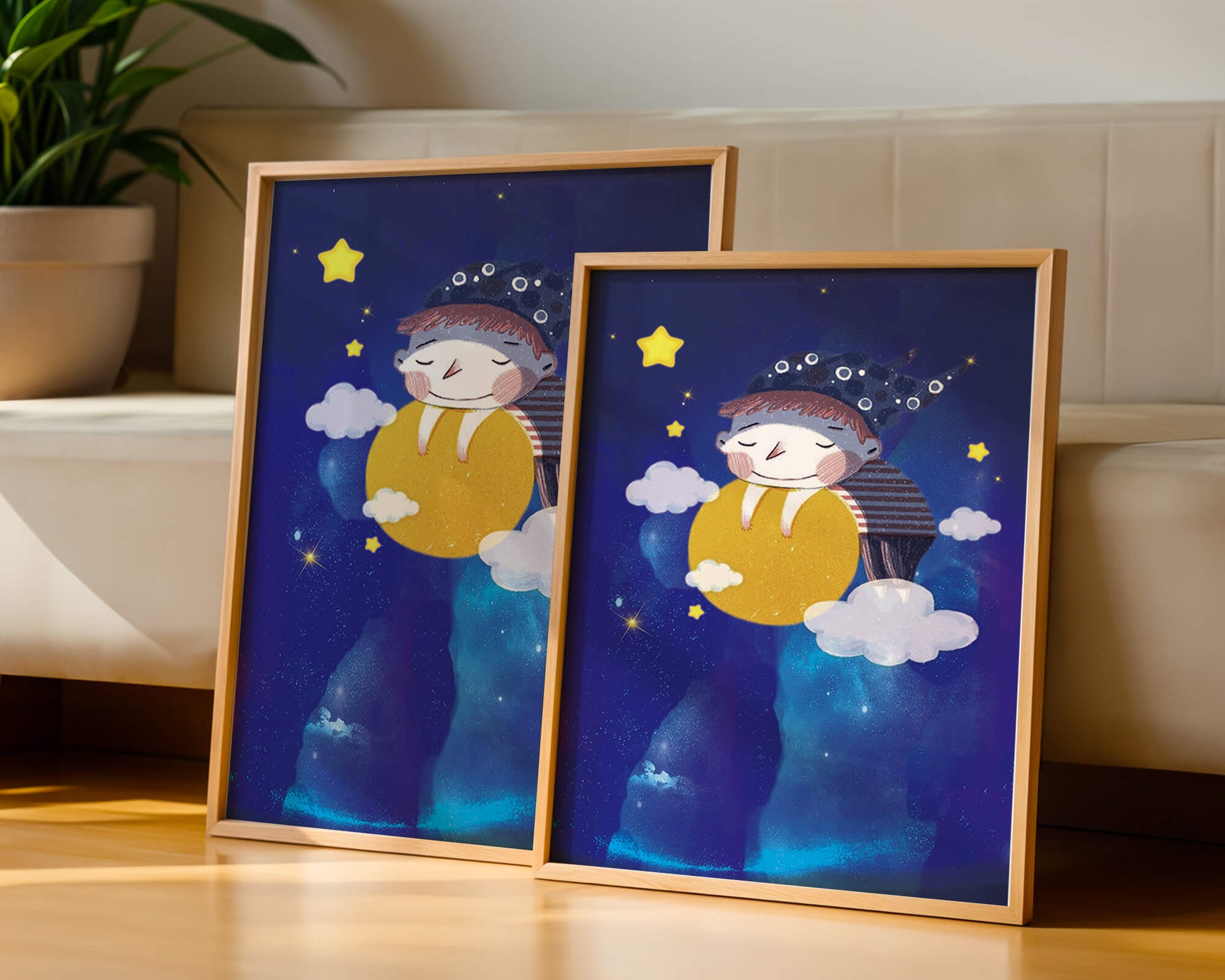 Dreamy Nighttime Scene with a Child Hugging the Moon