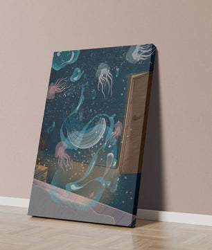 Tema de cuarto submarino con medusas y una puerta
