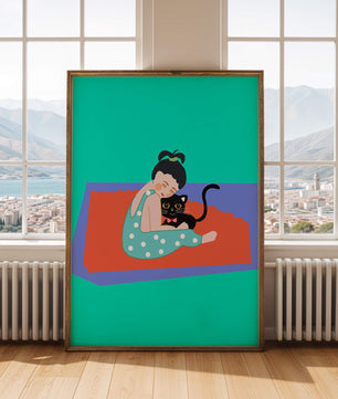 Gemütliche Illustration eines Mädchens, das eine Katze auf einer bunten Matte umarmt