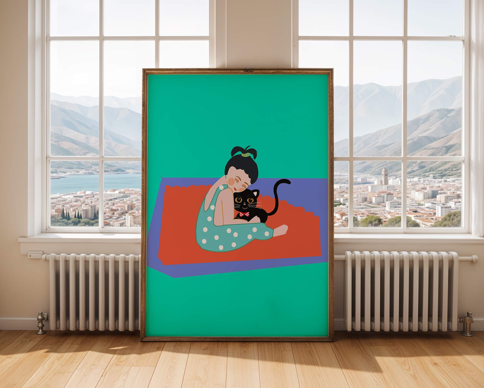 Gemütliche Illustration eines Mädchens, das eine Katze auf einer bunten Matte umarmt