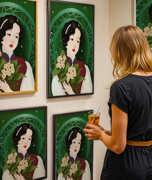 Elegant portrait of a woman with a bouquet of roses on a green abstract background