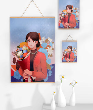 Mujer sosteniendo ramo con fondo floral