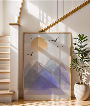 Abstract Mountain Landscape with Geometric Elements and Soaring Birds