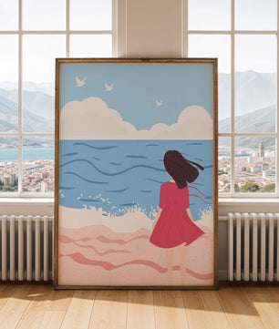 Serene seaside illustration with a girl in a pink dress gazing at the ocean