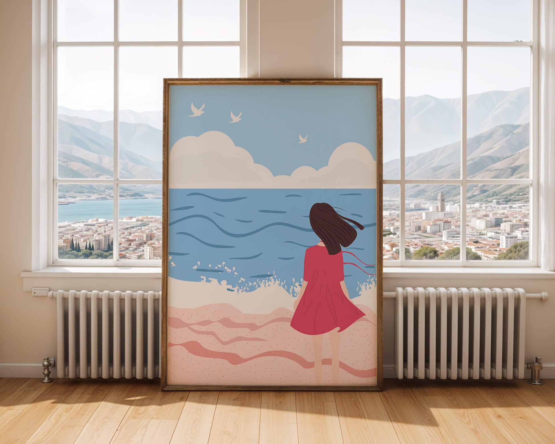 Serene seaside illustration with a girl in a pink dress gazing at the ocean
