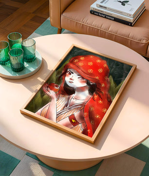 Illustration d'une fille en capuchon rouge tenant une pomme dans une forêt