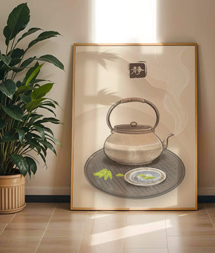 Traditional Japanese teapot with steaming tea and serene setting