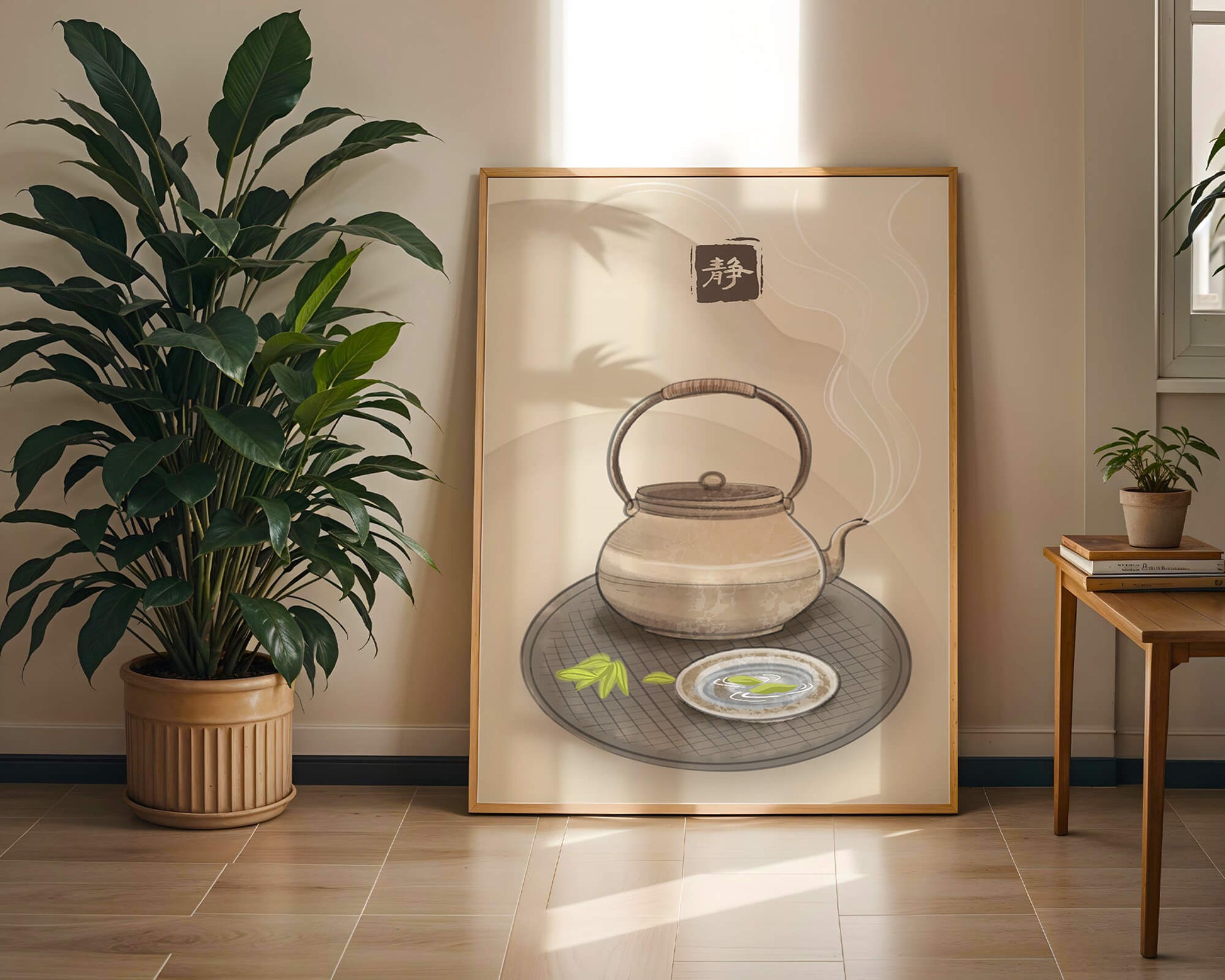 Tetera japonesa tradicional con té humeante y ambiente sereno