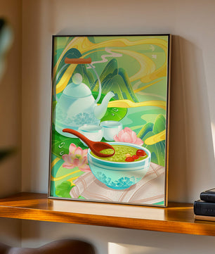Tea ceremony with teapot and tea bowls amidst nature scenery
