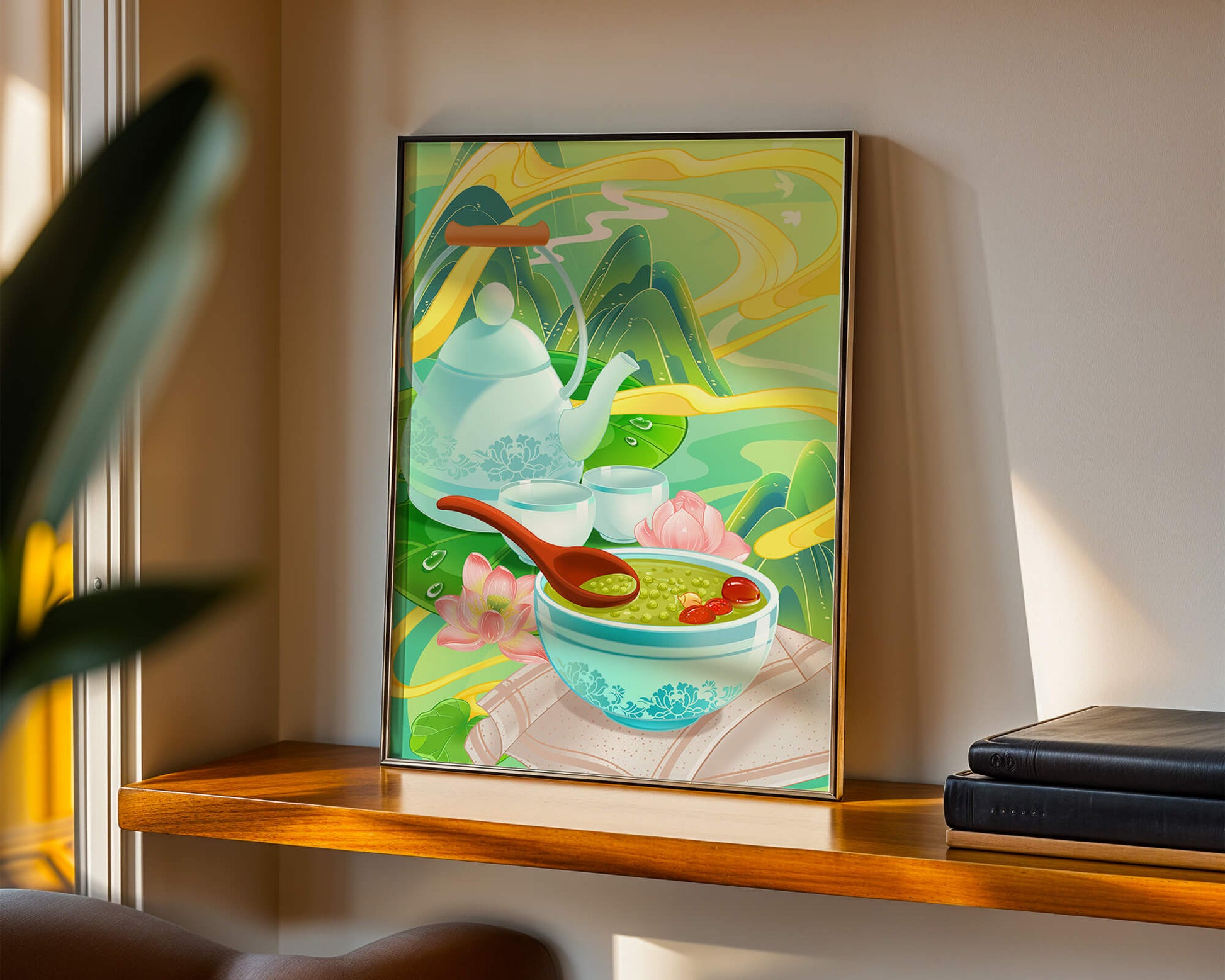 Ceremonia del té con tetera y cuencos de té en medio de un paisaje natural.