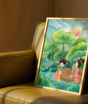 Charming illustration of children on a boat in a lush lotus pond