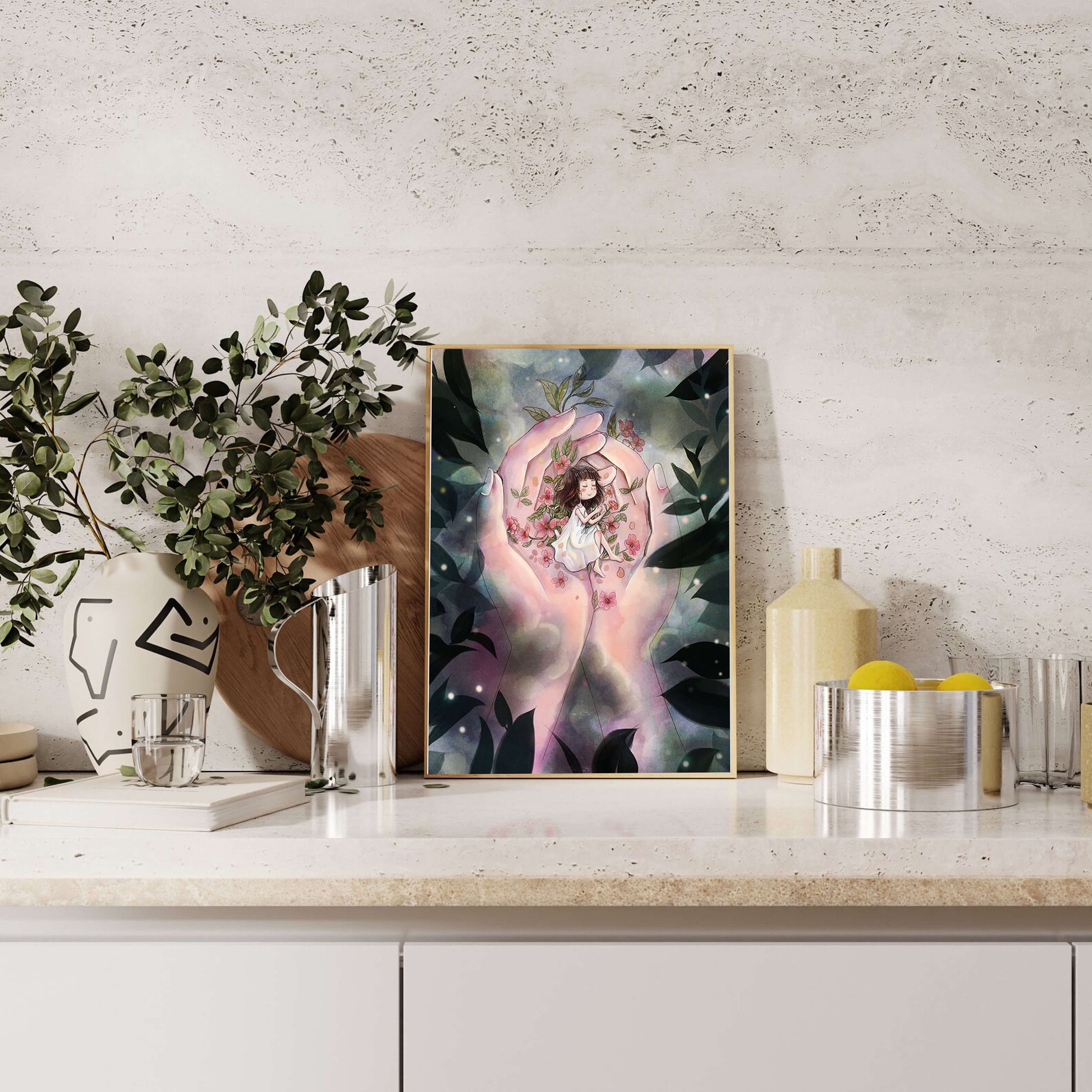 Serene illustration of a child cradled in hands with flowers