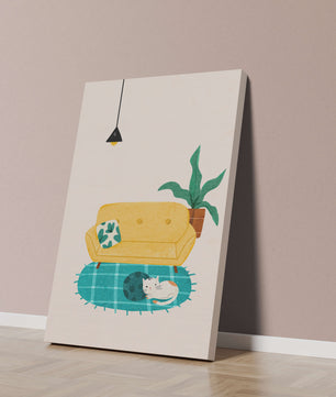 Cozy Living Room with Yellow Sofa and Sleeping Cat