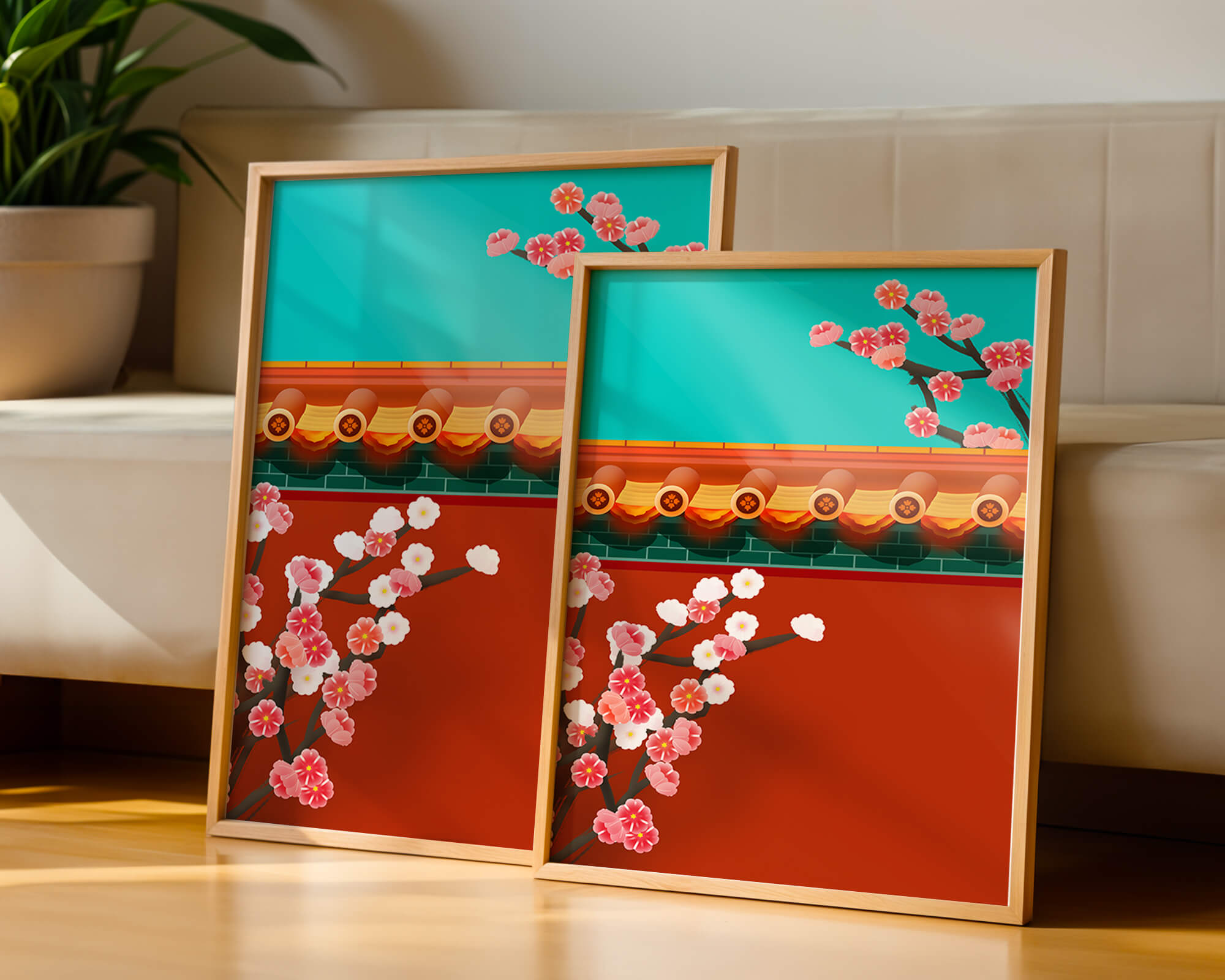 Traditional Asian architecture with cherry blossoms