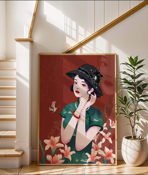 Elegant woman in vintage attire with floral hat and lilies