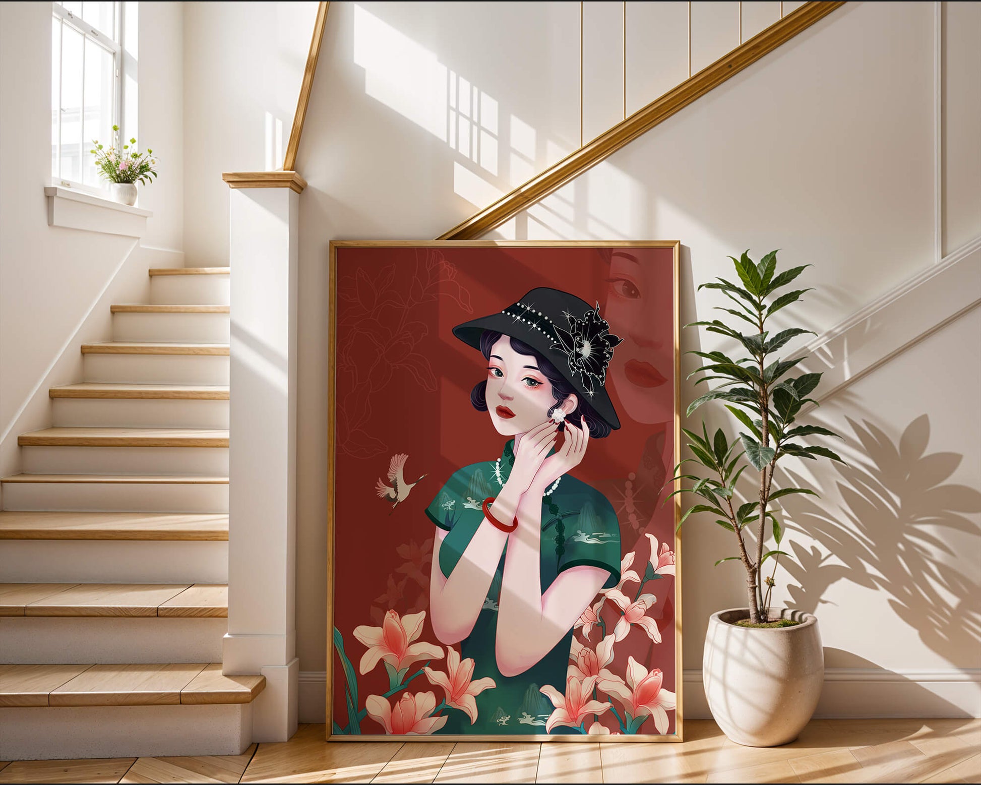 Elegant woman in vintage attire with floral hat and lilies